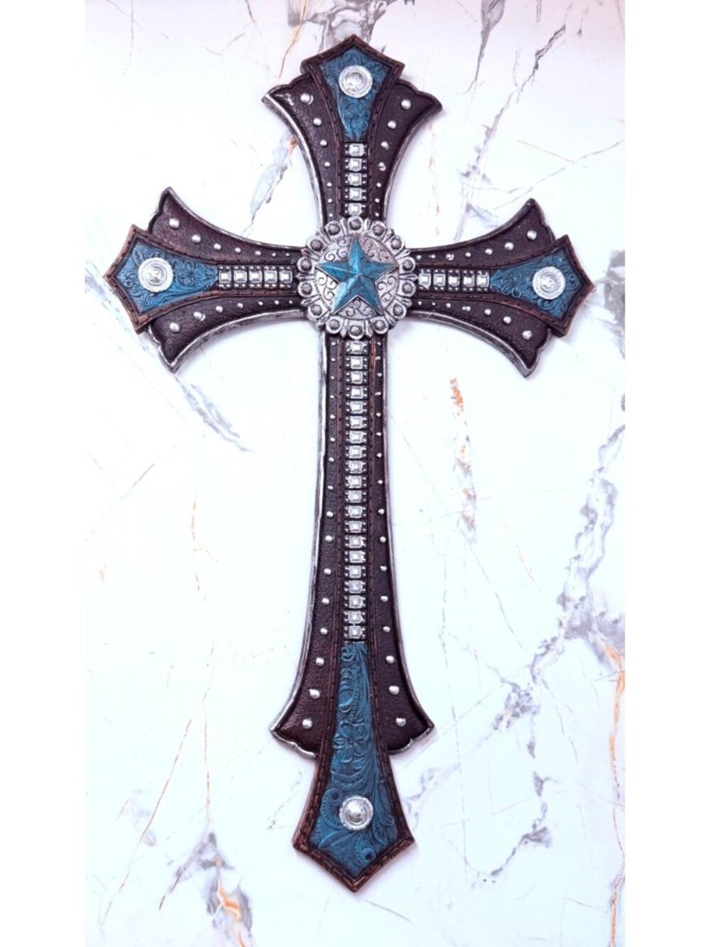 Western-Inspired Decorative Wall Cross With Blue Star Accents Brown & Turquoise